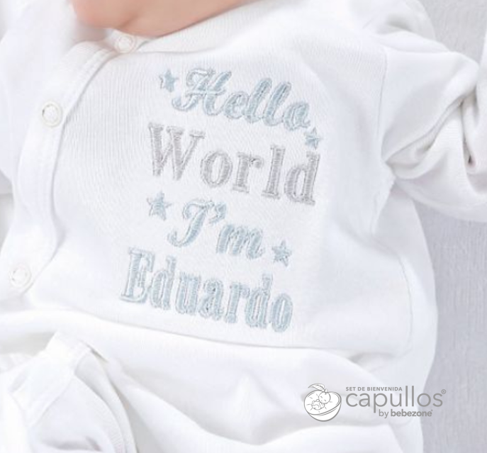 Set de Bienvenida Personalizado Capullos Blanco de Niño en Algodón Peinado