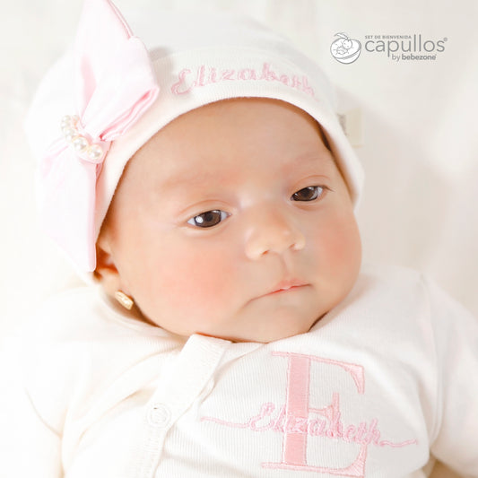 Set de Bienvenida Personalizado Capullos Beige de Niña en Algodón Peinado