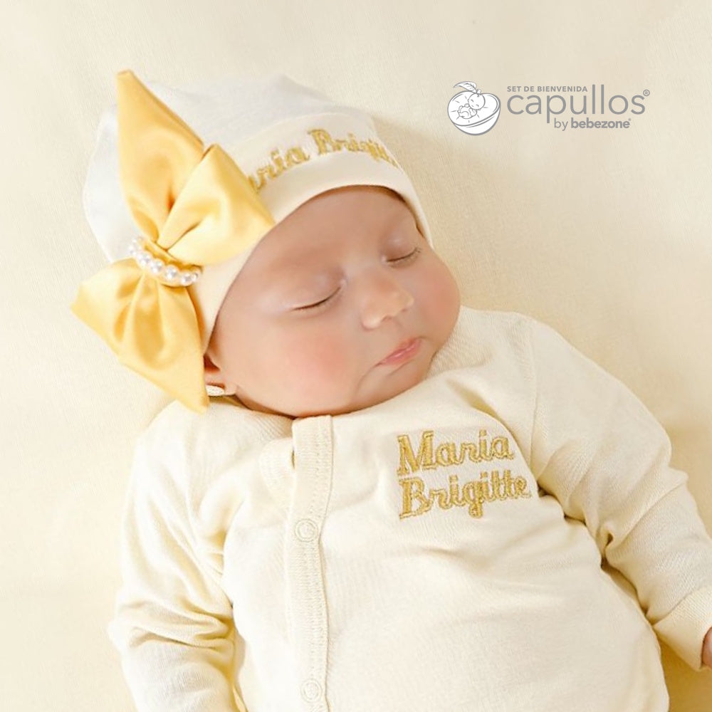 Set de Bienvenida Personalizado Capullos Amarillo de Niña en Algodón Peinado