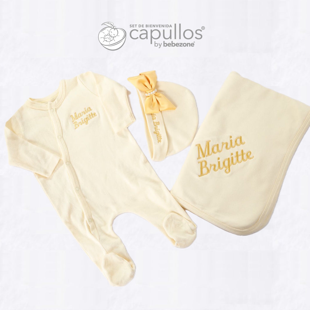 Set de Bienvenida Personalizado Capullos Amarillo de Niña en Algodón Peinado