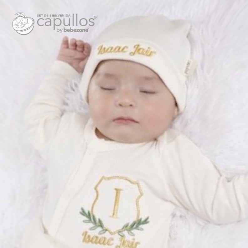 Set de Bienvenida Personalizado Capullos Beige de Niño en Algodón Peinado