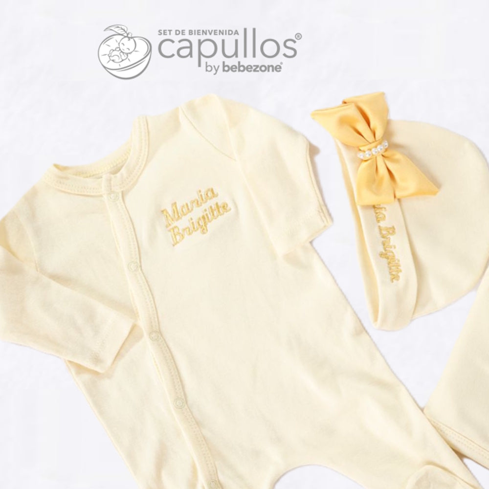 Set de Bienvenida Personalizado Capullos Amarillo de Niña en Algodón Peinado