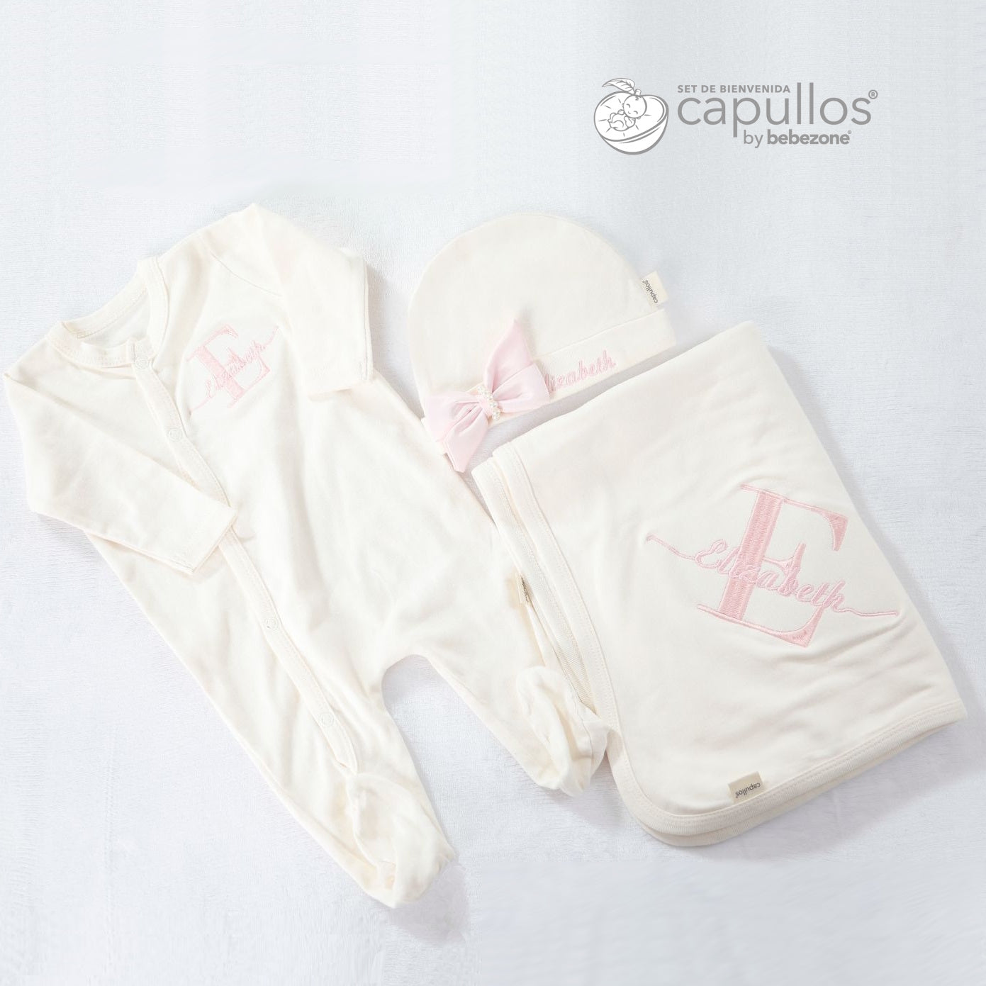 Set de Bienvenida Personalizado Capullos Beige de Niña en Algodón Peinado