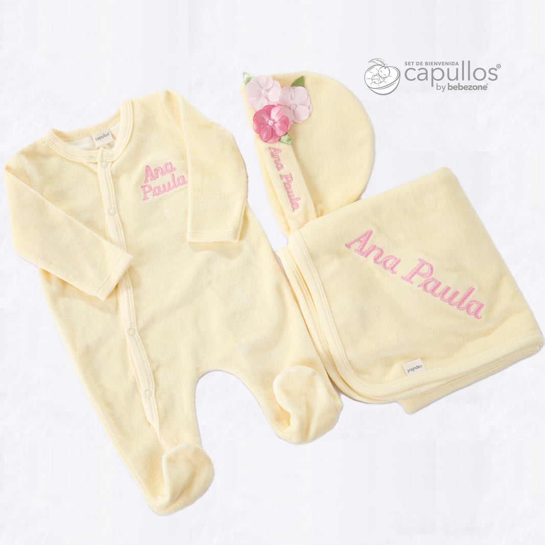 Set de Bienvenida Personalizado Capullos Amarillo de Niña en Algodón Peinado