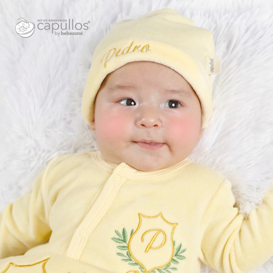 Set de Bienvenida Personalizado Capullos Amarillo de Niño en Algodón Peinado