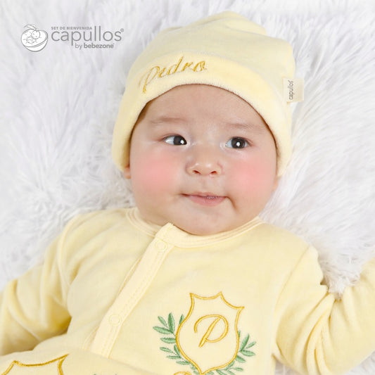 Set de Bienvenida Personalizado Capullos Amarillo de Niño en Algodón Peinado