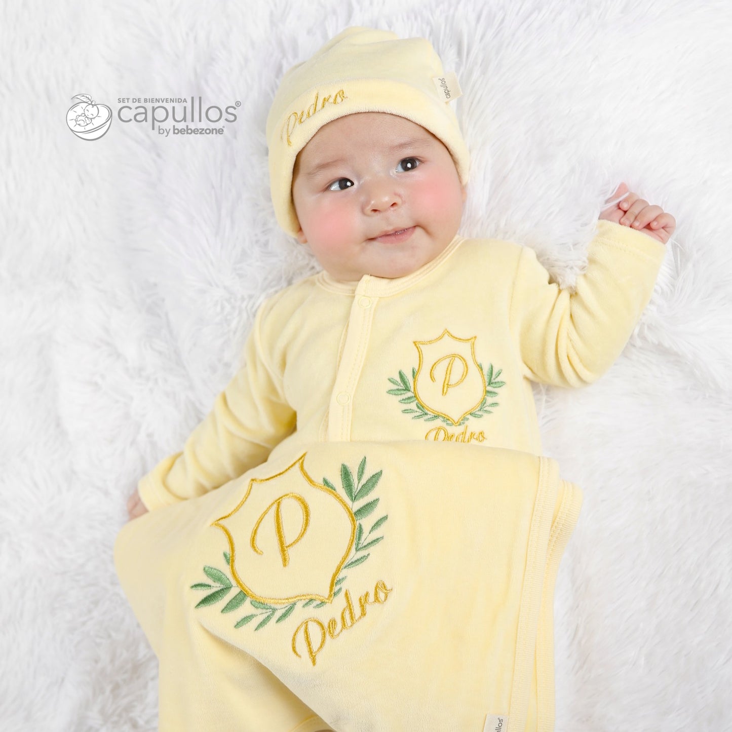 Set de Bienvenida Personalizado Capullos Amarillo de Niño en Algodón Peinado