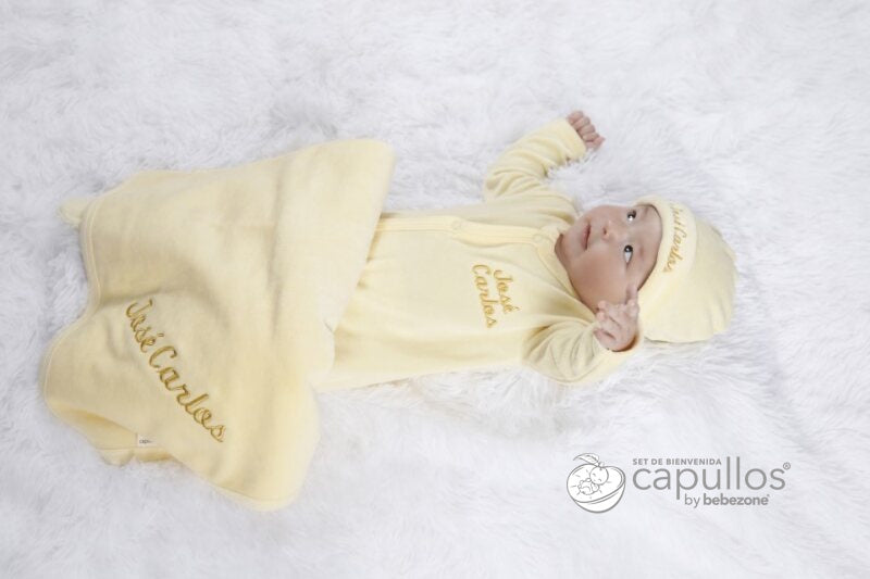 Set de Bienvenida Personalizado Capullos Amarillo de Niño en Algodón Peinado
