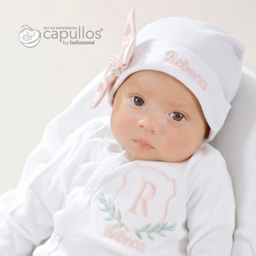 Set de Bienvenida Personalizado Capullos Blanco de Niña en Algodón Peinado