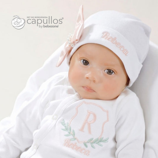 Set de Bienvenida Personalizado Capullos Blanco de Niña en Algodón Peinado