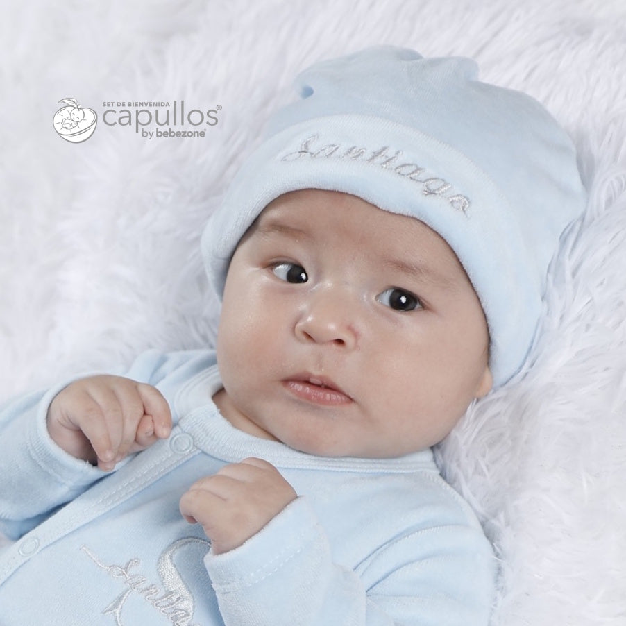 Set de Bienvenida Personalizado Capullos Azul de Niño en Velour