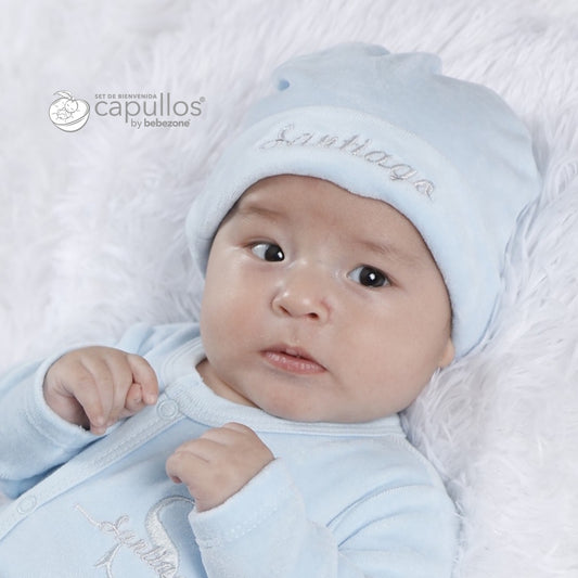 Set de Bienvenida Personalizado Capullos Azul de Niño en Velour