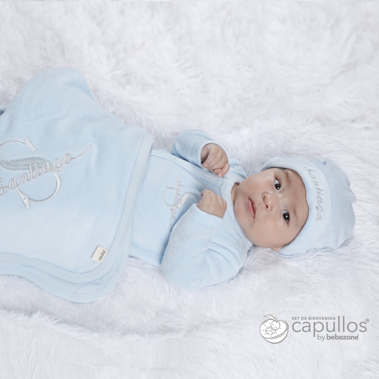 Set de Bienvenida Personalizado Capullos Azul de Niño en Velour