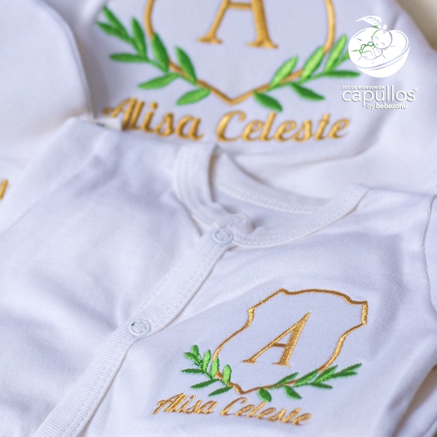 Set de Bienvenida Personalizado Capullos Beige de Niña en Algodón Peinado