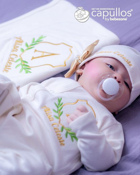 Set de Bienvenida Personalizado Capullos Beige de Niña en Algodón Peinado (Copia)