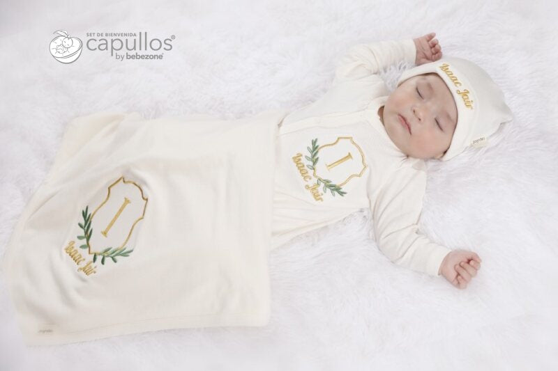 Set de Bienvenida Personalizado Capullos Beige de Niño en Algodón Peinado